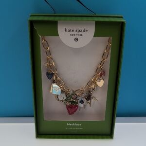 Kate Spade Gold-Toned Charm Necklace with Heart, Strawberry, Bow, Ladybug, Card